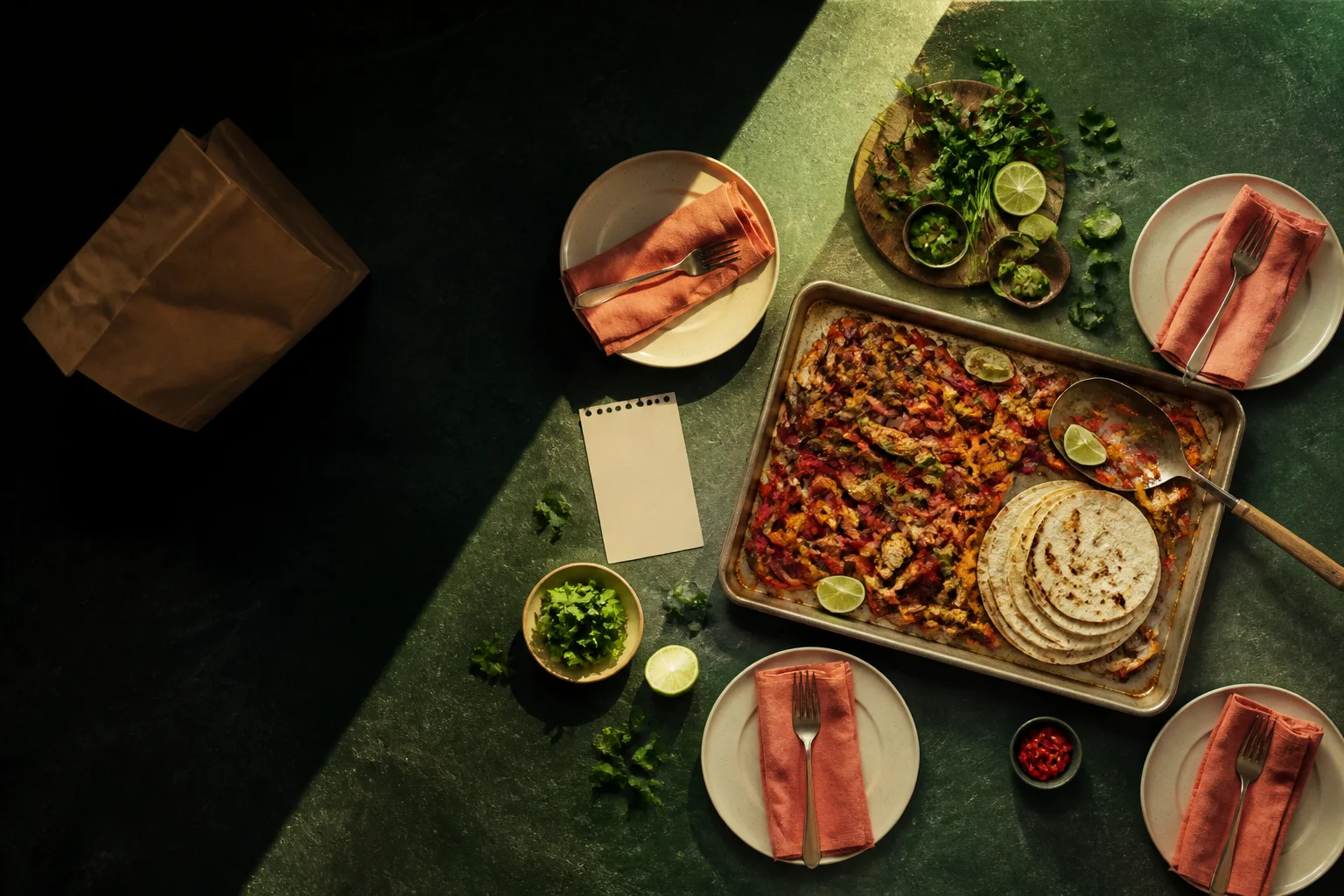 An overhead home dinner in warm light while a plain takeout bag remains in shadow
