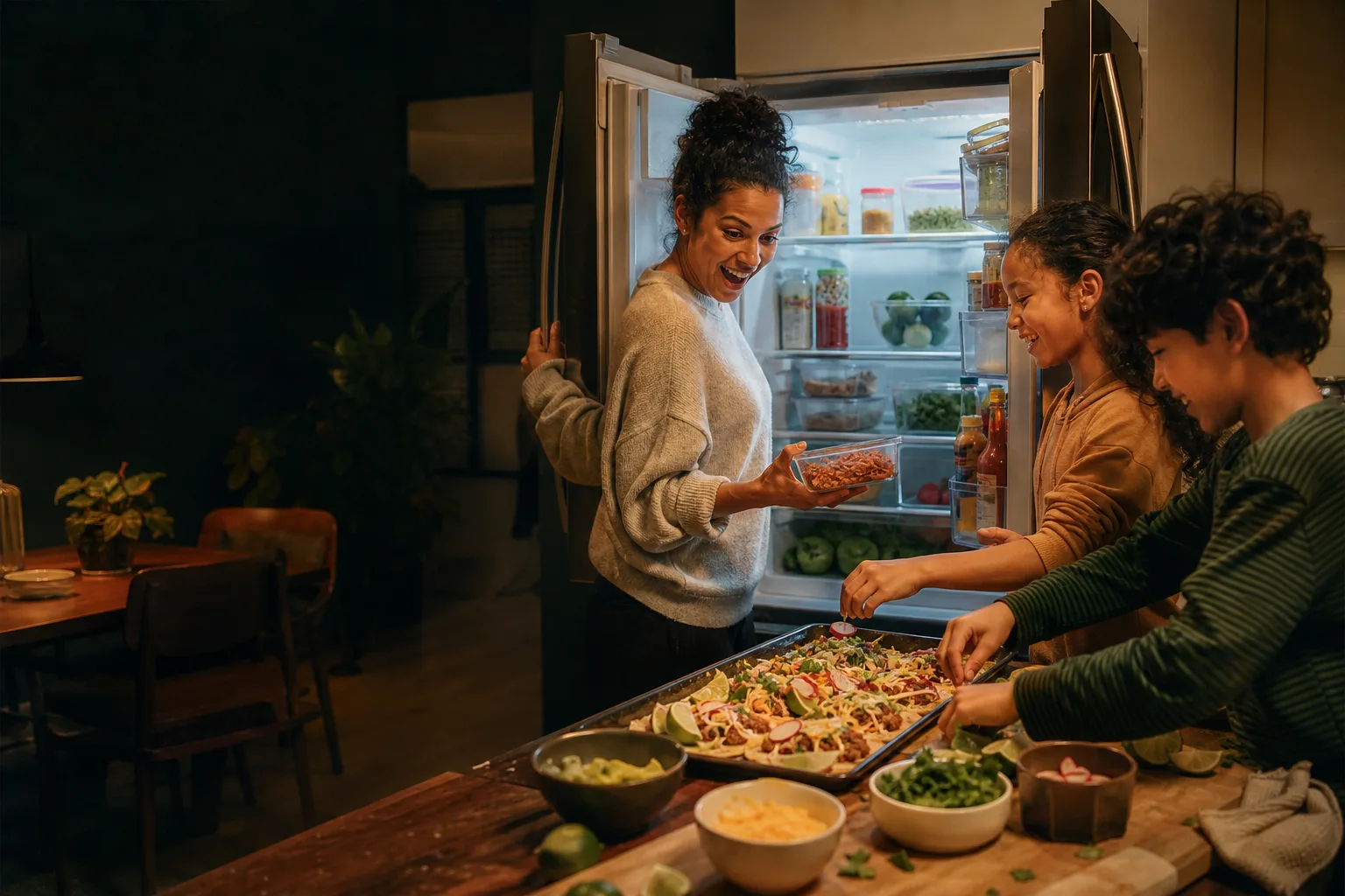 A family happily preparing a sheet-pan dinner beside their open refrigerator