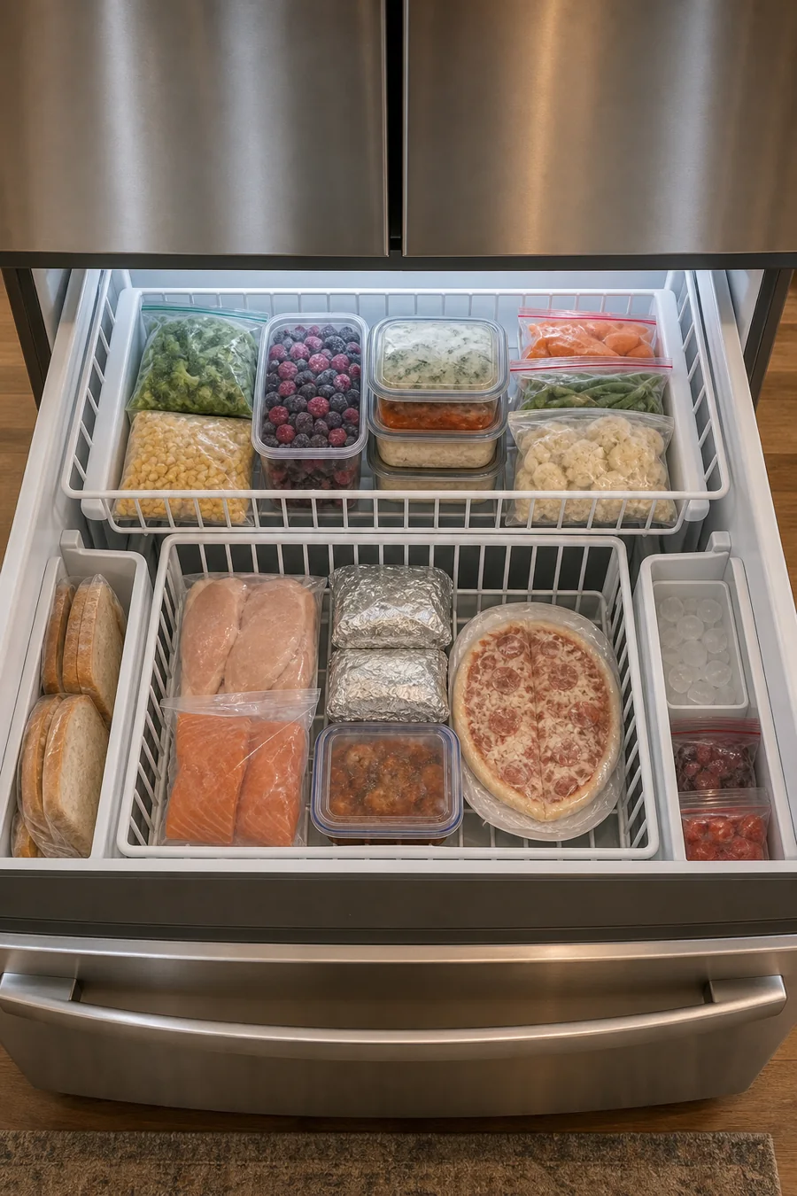 Open freezer with mapped baskets and packages