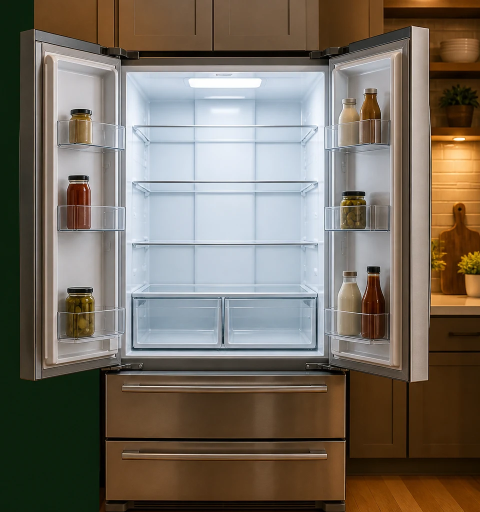 Open refrigerator with mapped food zones